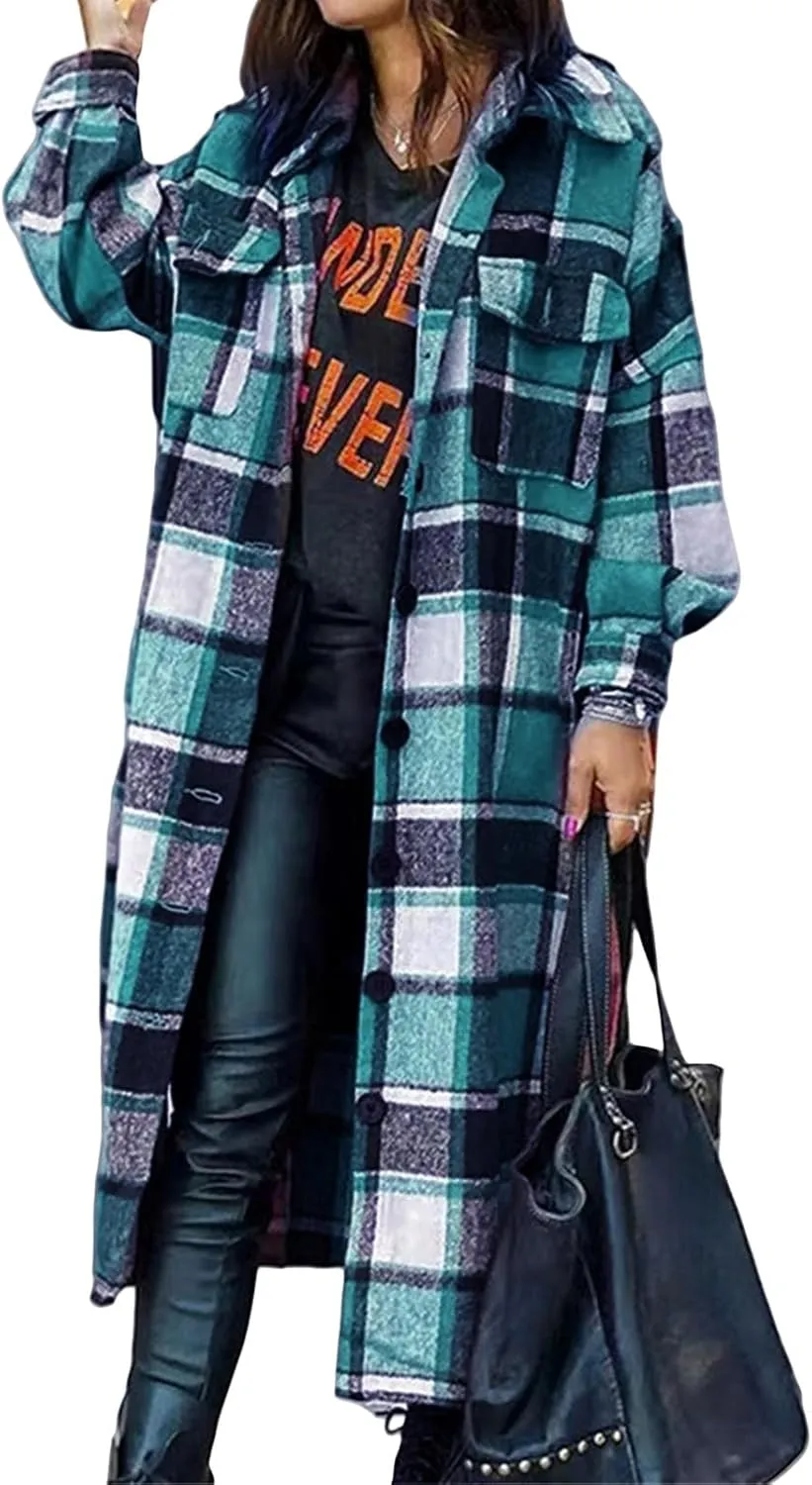 Flannel Shacket Women Long Trench Coat Button Down Plaid Jacket Casual Wool Blend Shirt Oversized Fall Outwear