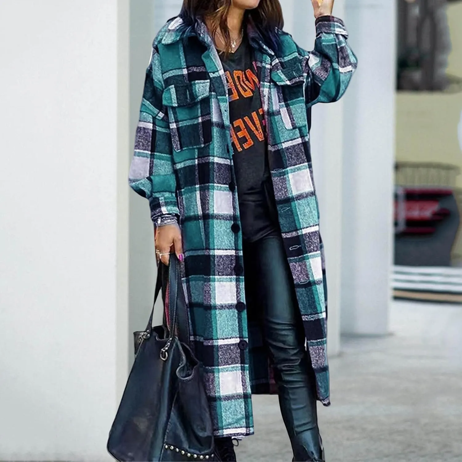 Flannel Shacket Women Long Trench Coat Button Down Plaid Jacket Casual Wool Blend Shirt Oversized Fall Outwear