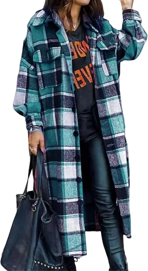 Flannel Shacket Women Long Trench Coat Button Down Plaid Jacket Casual Wool Blend Shirt Oversized Fall Outwear