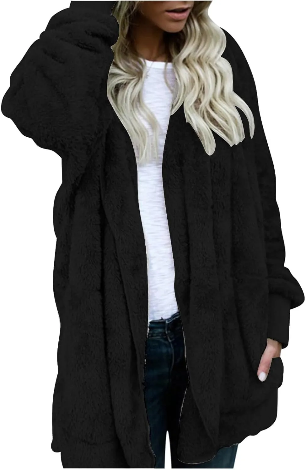 Fuzzy Fleece Jacket Casual Loose Warm Oversize Cardigan Long-Sleeved Lapel Double-Faced Womens Warm Fuzzy Zip Up