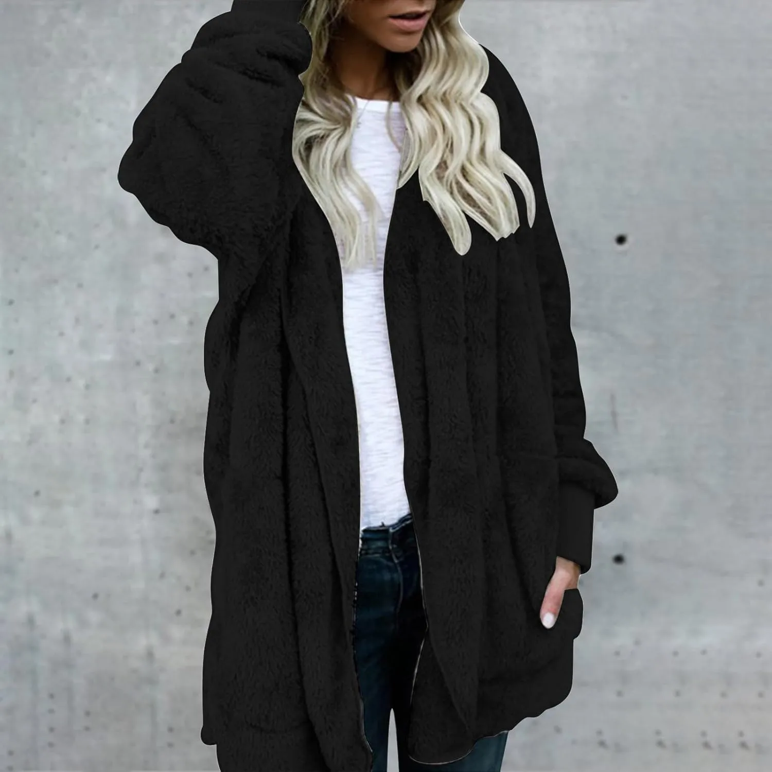 Fuzzy Fleece Jacket Casual Loose Warm Oversize Cardigan Long-Sleeved Lapel Double-Faced Womens Warm Fuzzy Zip Up