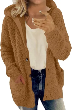Fuzzy Fleece Jacket Hoodies for Women Winter Long Sleeve Hoodie Coat Fall Jackets Plus Size Button Plush Cardigan
