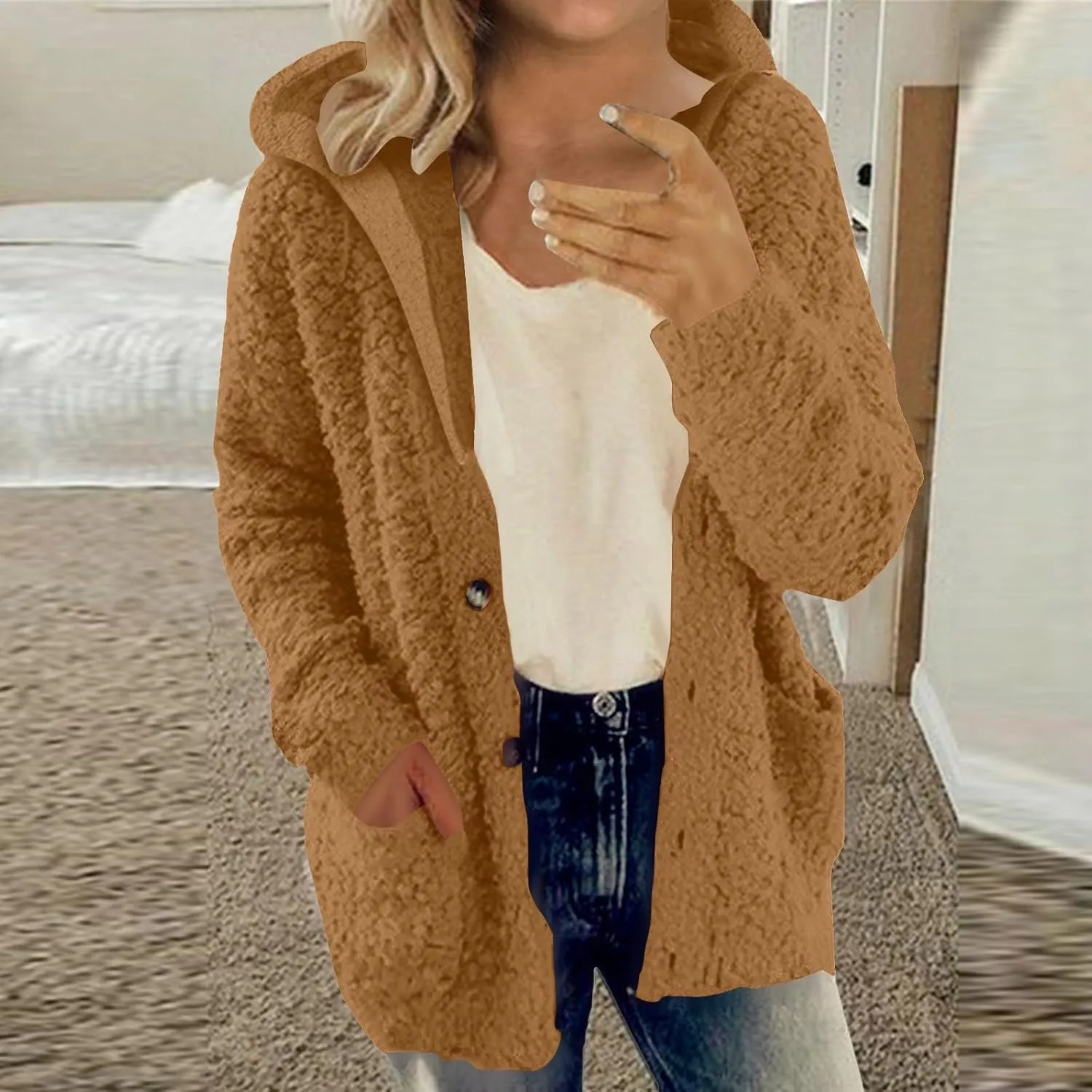 Fuzzy Fleece Jacket Hoodies for Women Winter Long Sleeve Hoodie Coat Fall Jackets Plus Size Button Plush Cardigan