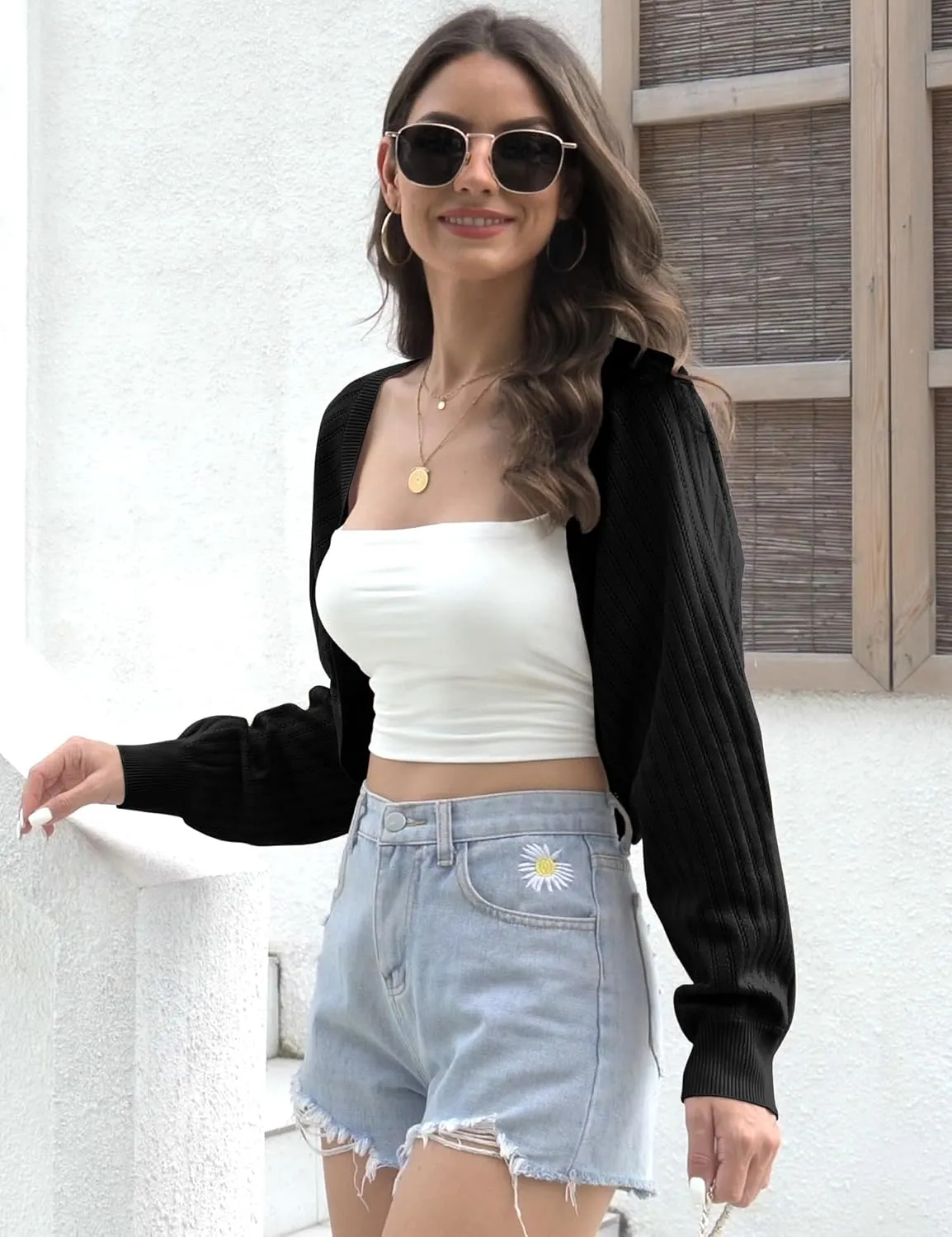 Genhoo Open Front Bolero Shrug for Women Long Sleeve Cropped Cardigan Sweaters Crochet Dressy Cardigans for Dresses