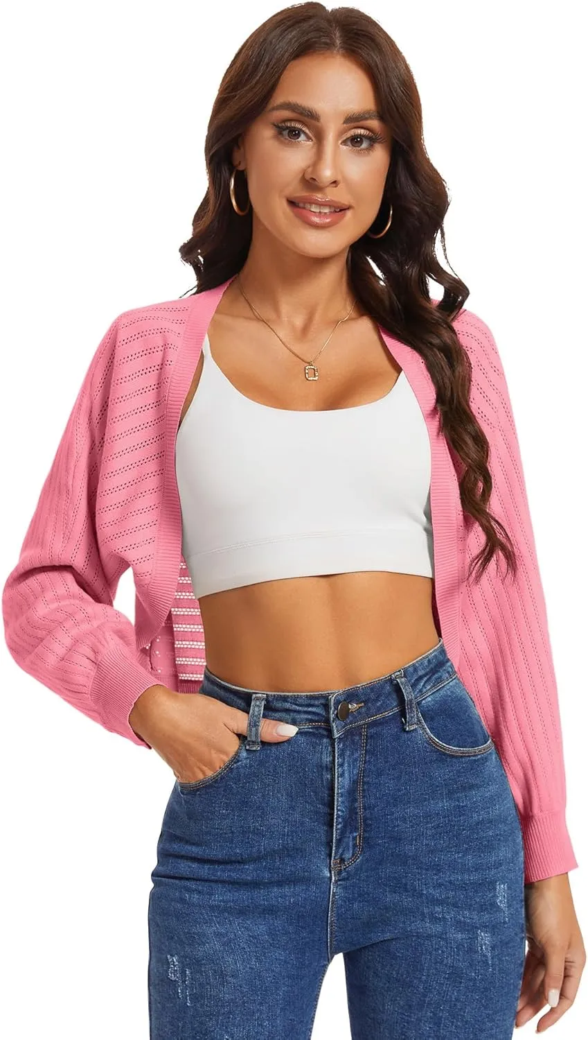 Genhoo Open Front Bolero Shrug for Women Long Sleeve Cropped Cardigan Sweaters Crochet Dressy Cardigans for Dresses