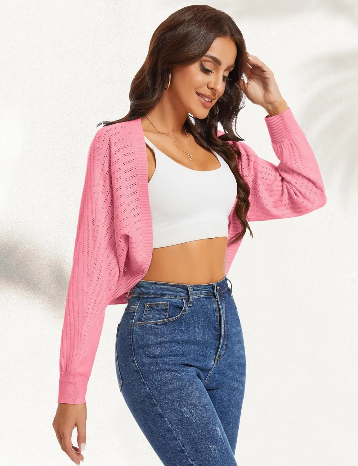 Genhoo Open Front Bolero Shrug for Women Long Sleeve Cropped Cardigan Sweaters Crochet Dressy Cardigans for Dresses