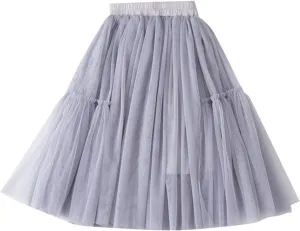 Girls Long Tutu Skirt Petticoat Tiered Ruffle Maxi Skirts Soft Fluffy Skirt Casual A-Line Dress (Grey, 3-4 Years)