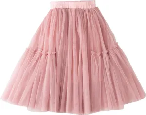 Girls Long Tutu Skirt Petticoat Tiered Ruffle Maxi Skirts Soft Fluffy Skirt Casual A-Line Dress (Pink, 9-10 Years)
