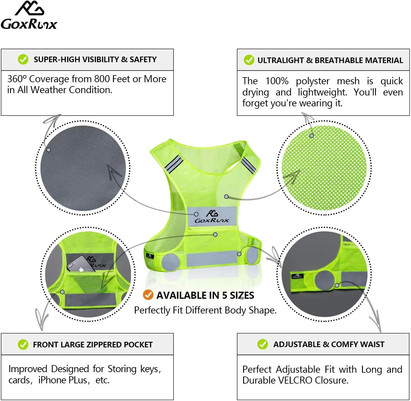 GoxRunx Reflective Vest Running Gear,Lightweight Reflective Safety Vests with Arm Bands