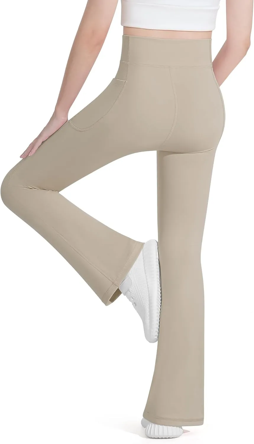 HASMES Girls Flare Leggings with Pockets Kids Bell Bottom High Waisted Flare Yoga Pants for Dance Activewear