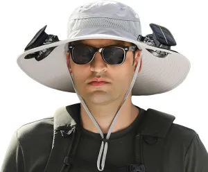 Hat with Fans Solar Power, Wide Brim Solar Fan Outdoor Fishing Hat-Solar & USB Charging, Outdoor Fishing & Beach Sun Hat