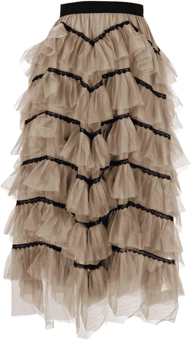 HGps8w Women's Long Maxi Tiered Tulle Skirts Elegant Layered Mesh Ballet Prom Party Tulle Tutu A-line Midi Skirt