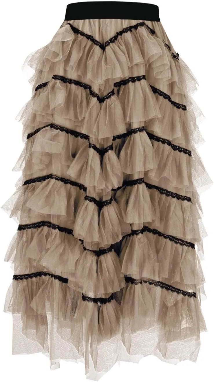 HGps8w Women's Long Maxi Tiered Tulle Skirts Elegant Layered Mesh Ballet Prom Party Tulle Tutu A-line Midi Skirt