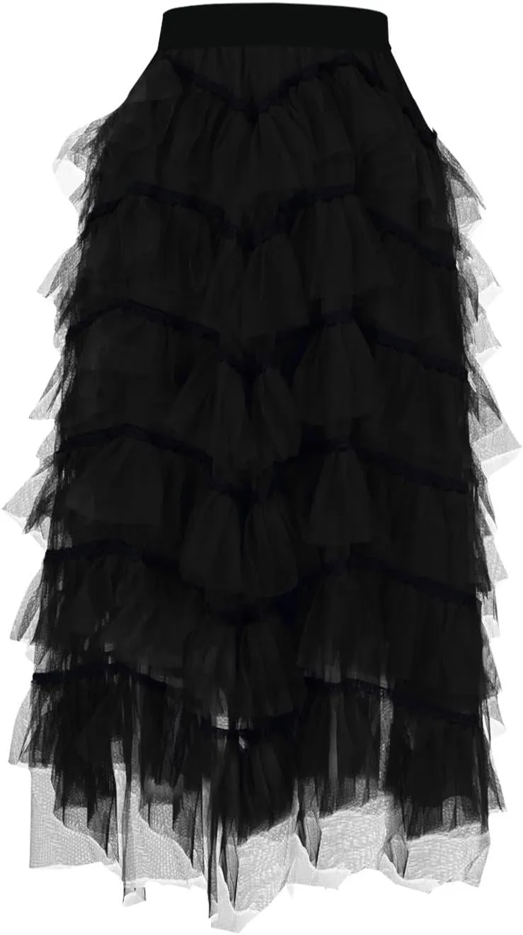 HGps8w Women's Long Maxi Tiered Tulle Skirts Elegant Layered Mesh Ballet Prom Party Tulle Tutu A-line Midi Skirt