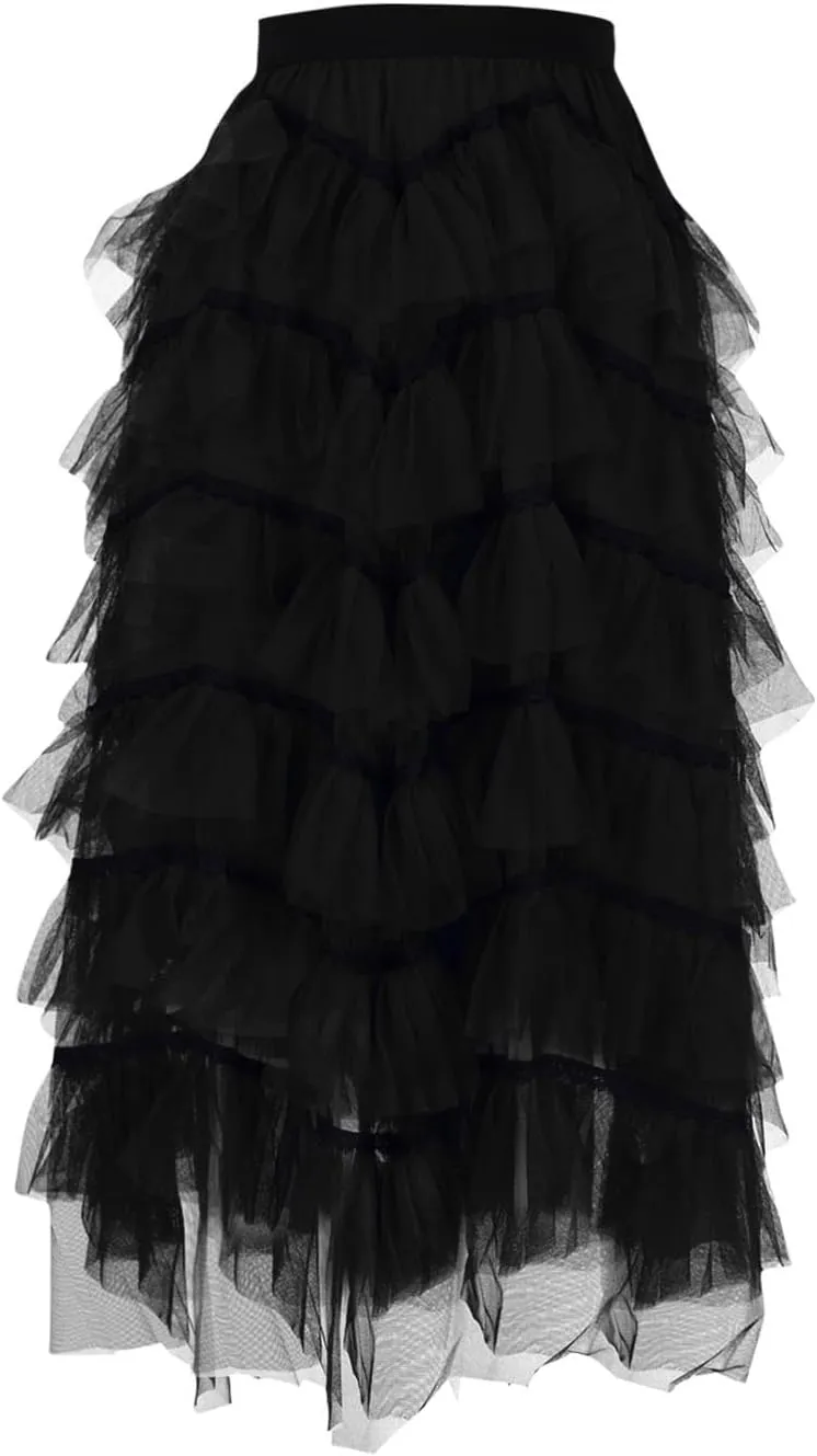 HGps8w Women's Long Maxi Tiered Tulle Skirts Elegant Layered Mesh Ballet Prom Party Tulle Tutu A-line Midi Skirt