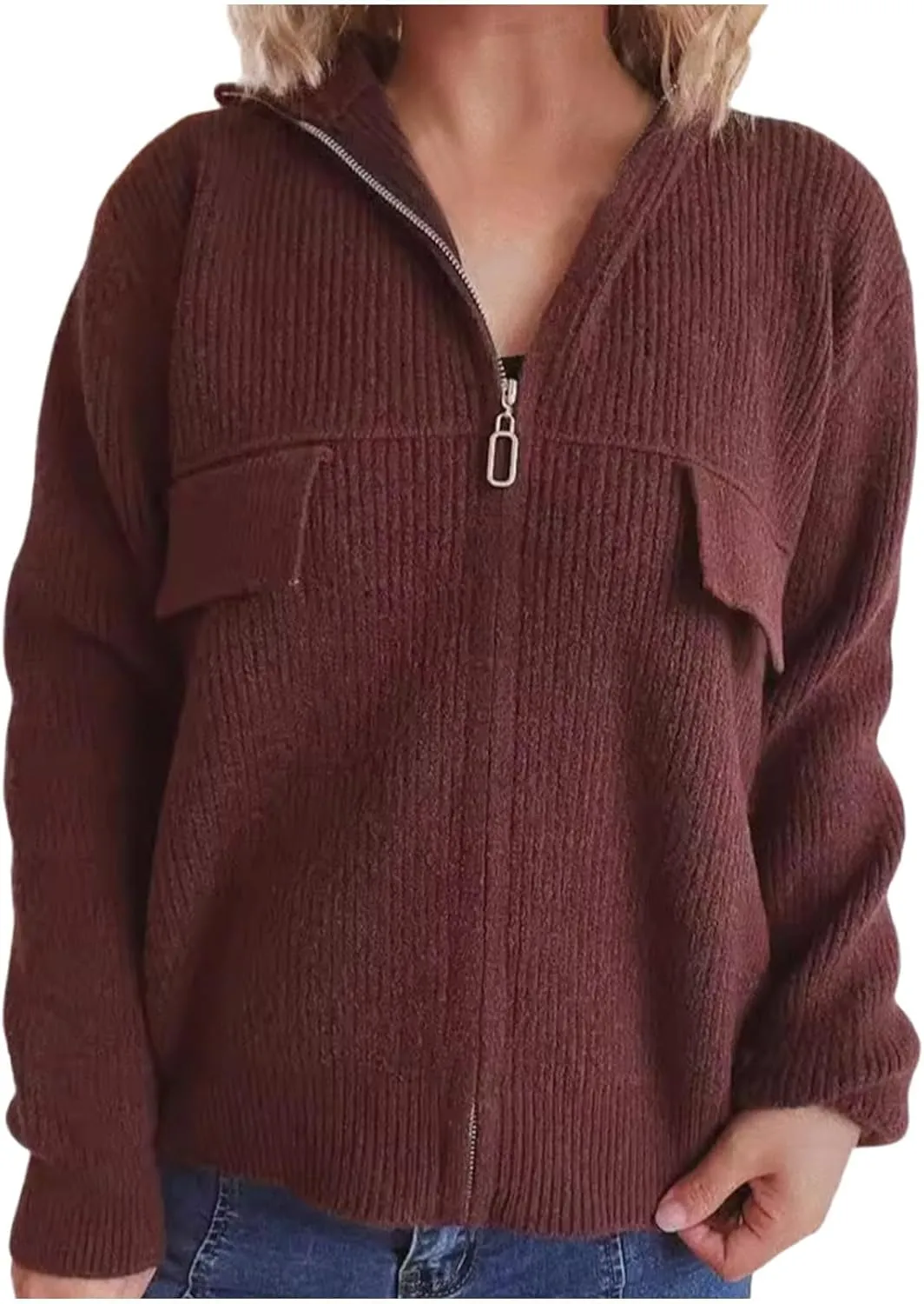 HGps8w Women's Winter Sweater Coat Zipper Up Long Sleeve Open Front Knit Cardigans Slouchy Hooded Outerwear