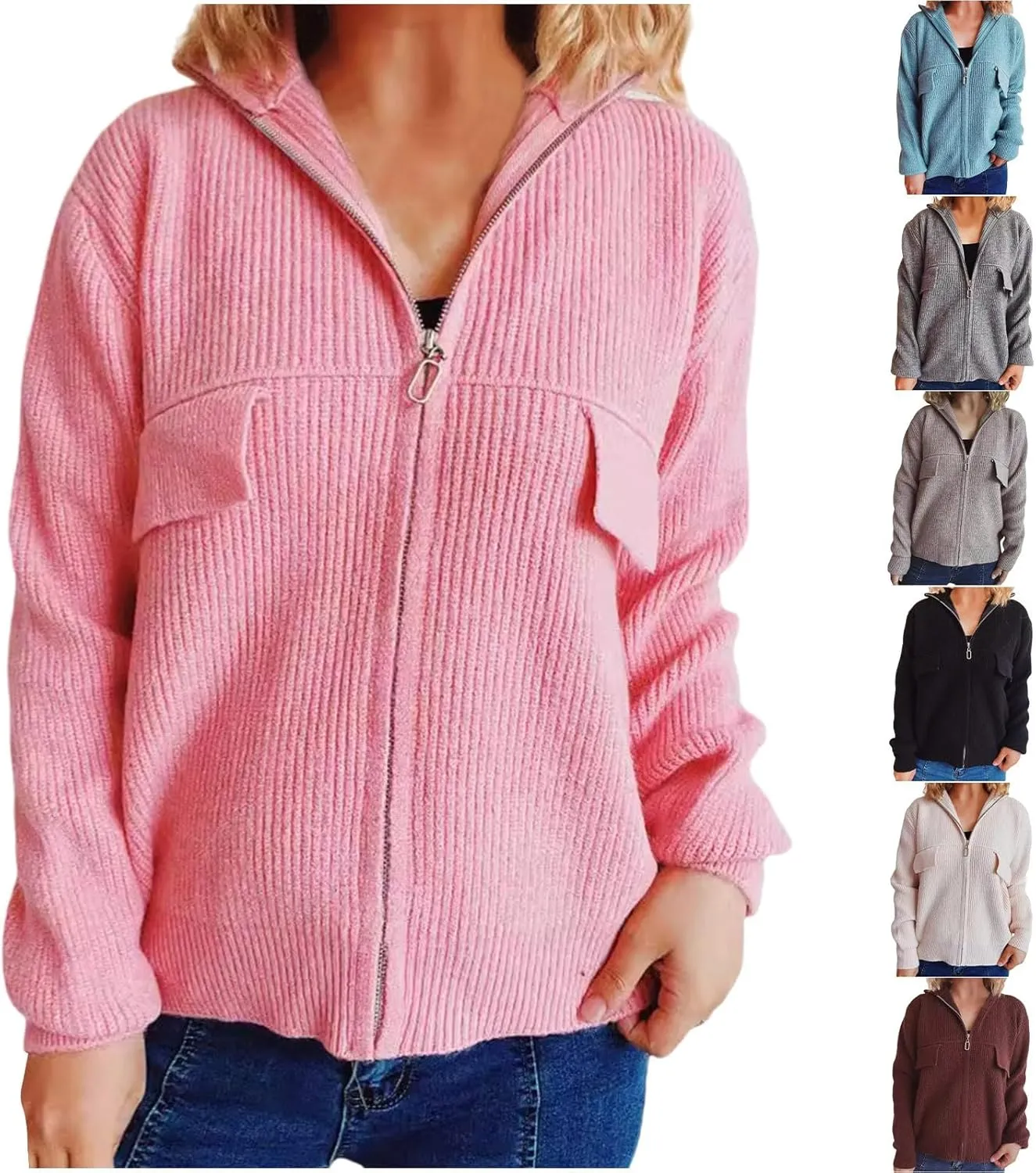 HGps8w Women's Winter Sweater Coat Zipper Up Long Sleeve Open Front Knit Cardigans Slouchy Hooded Outerwear