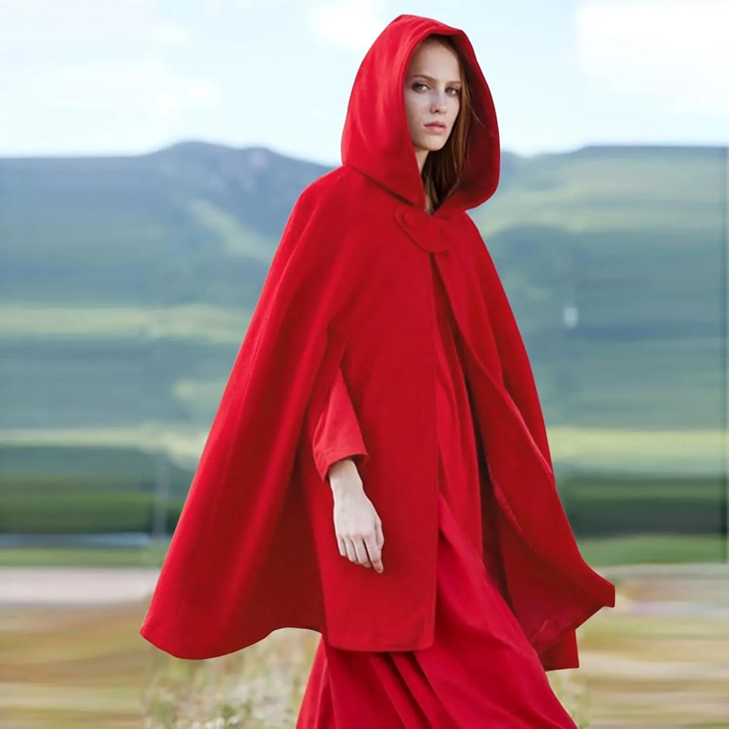 Hooded Medium Women Cape Winter Vintage Overcoat Fashion Button Cloak Woolen Coat Full Zip Fleece for Women Womens Coat