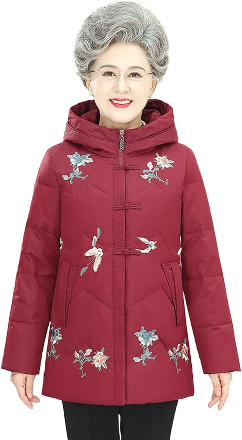 Hooded Puffer Jacket Middle-aged and Elderly Mothers Insulated Down Coat Casual Outdoor Wear