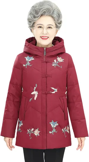 Hooded Puffer Jacket Middle-aged and Elderly Mothers Insulated Down Coat Casual Outdoor Wear
