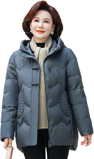 Hooded Puffer Jacket Middle-Aged Mother Insulated Down Coat Casual Outdoor Wear