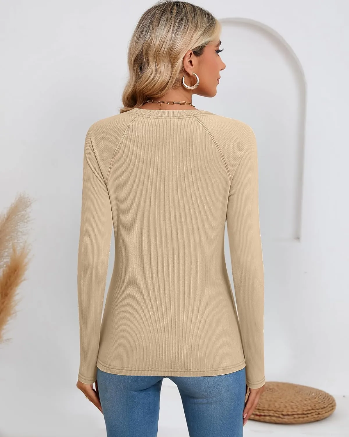 Huukeay 3 Pack Women's Ribbed Thermal Tops, Scoop Neck Raglan Sleeve Shirts Slim Fit Knit Underwear Warm Base Layer Tops