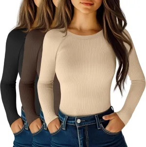 Huukeay 3 Pack Women's Ribbed Thermal Tops, Scoop Neck Raglan Sleeve Shirts Slim Fit Knit Underwear Warm Base Layer Tops