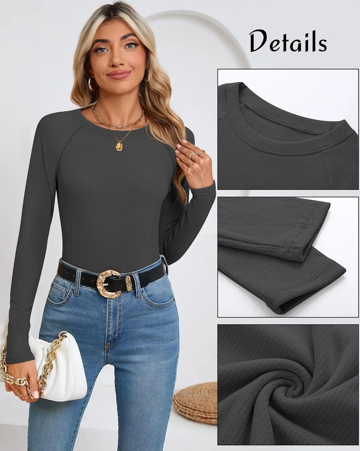 Huukeay 3 Pack Women's Ribbed Thermal Tops, Scoop Neck Raglan Sleeve Shirts Slim Fit Knit Underwear Warm Base Layer Tops