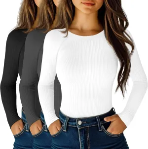 Huukeay 3 Pack Women's Ribbed Thermal Tops, Scoop Neck Raglan Sleeve Shirts Slim Fit Knit Underwear Warm Base Layer Tops