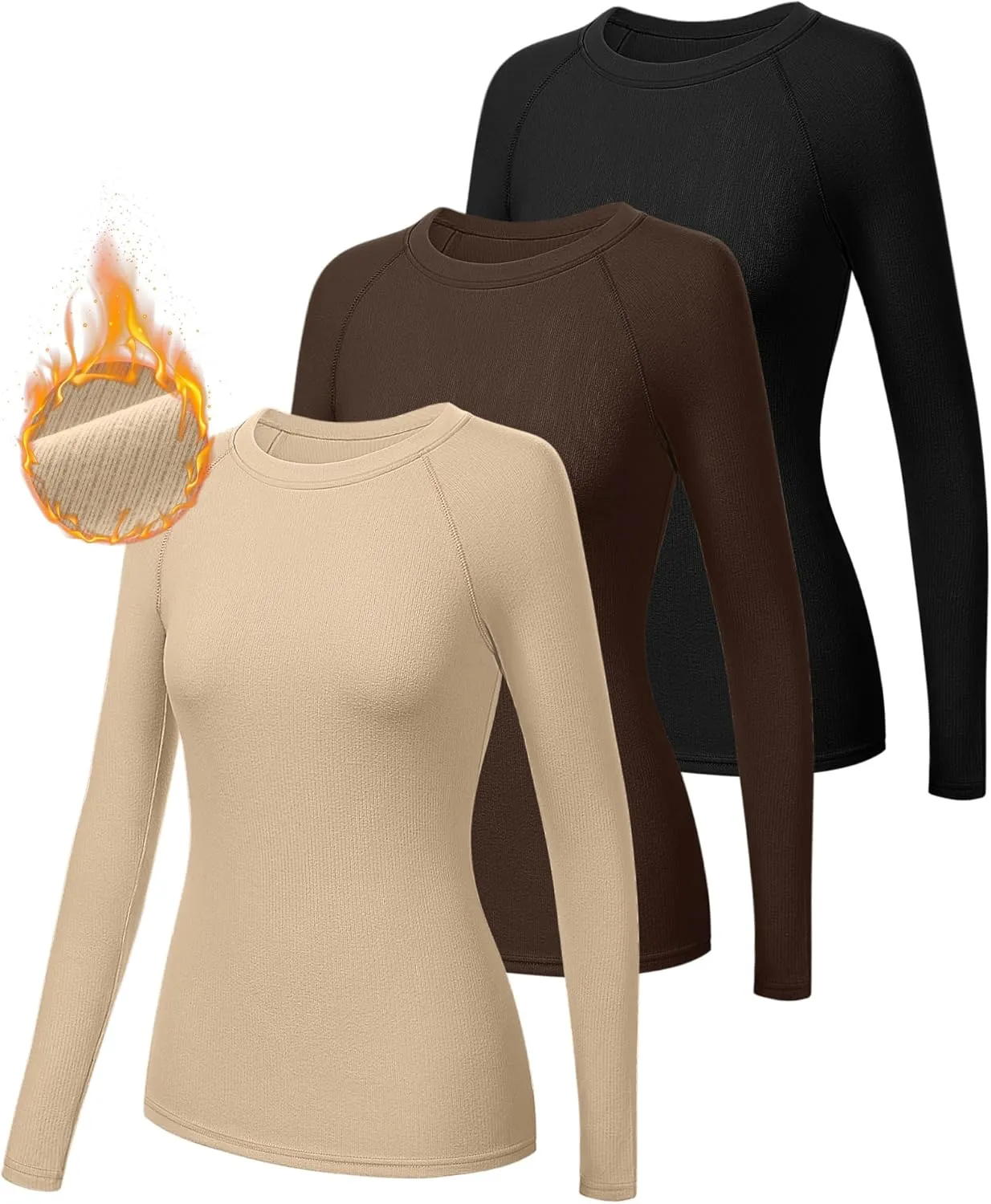 Huukeay 3 Pack Women's Ribbed Thermal Tops, Scoop Neck Raglan Sleeve Shirts Slim Fit Knit Underwear Warm Base Layer Tops