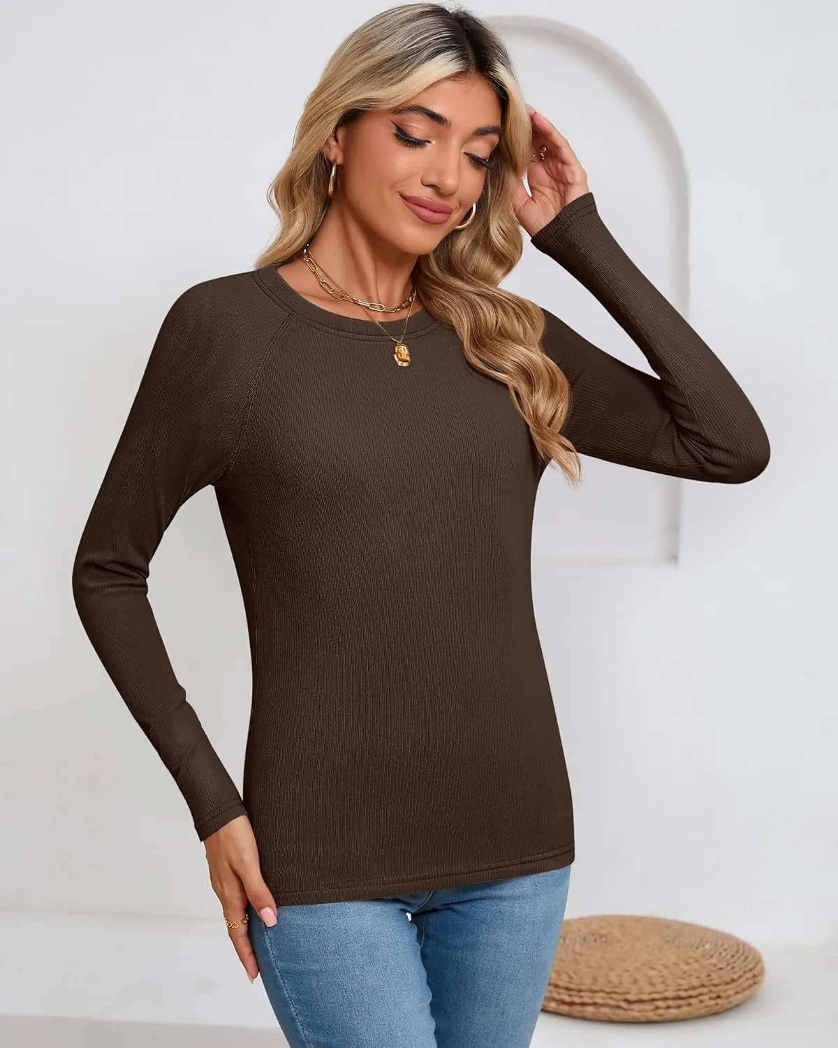 Huukeay 3 Pack Women's Ribbed Thermal Tops, Scoop Neck Raglan Sleeve Shirts Slim Fit Knit Underwear Warm Base Layer Tops