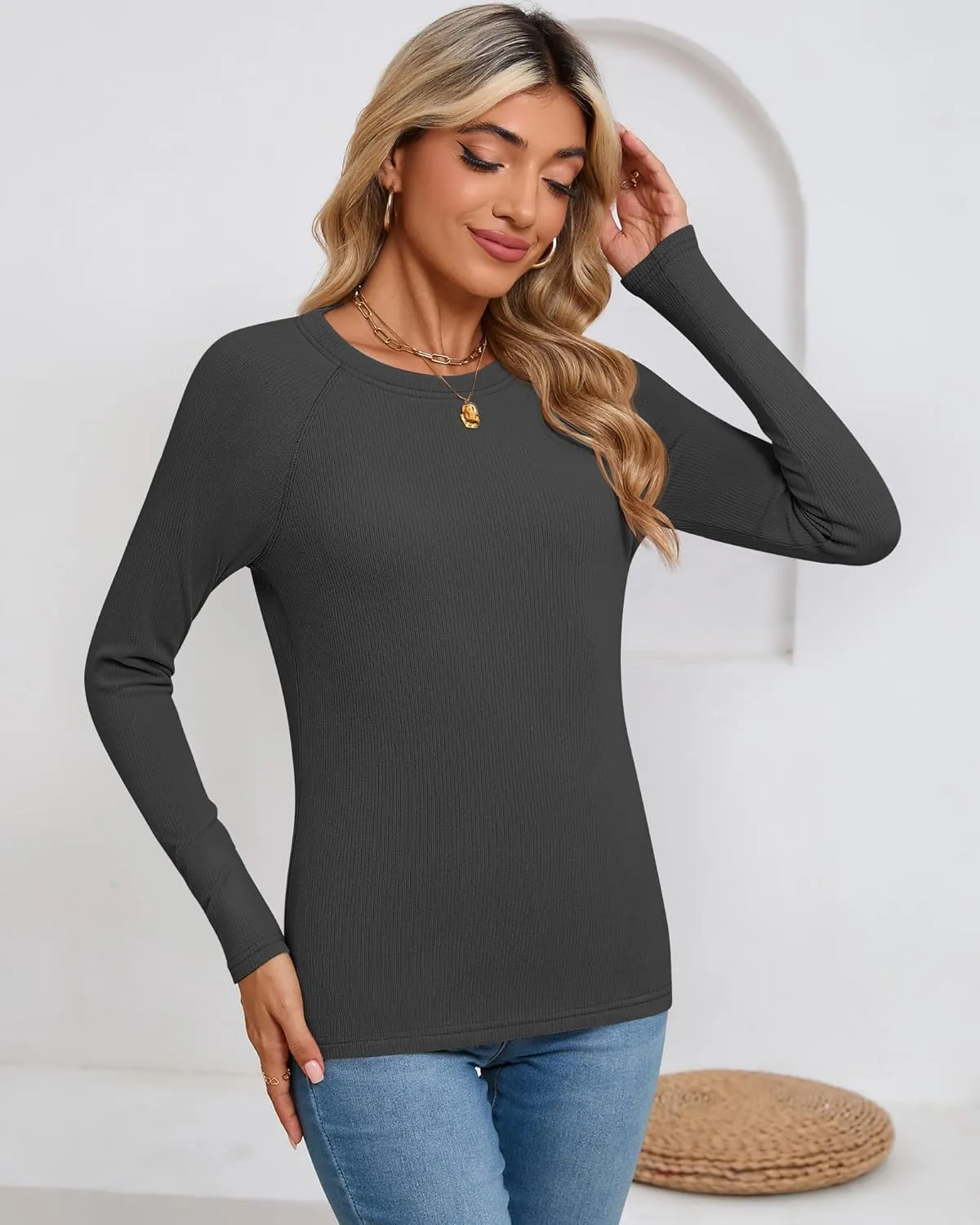 Huukeay 3 Pack Women's Ribbed Thermal Tops, Scoop Neck Raglan Sleeve Shirts Slim Fit Knit Underwear Warm Base Layer Tops