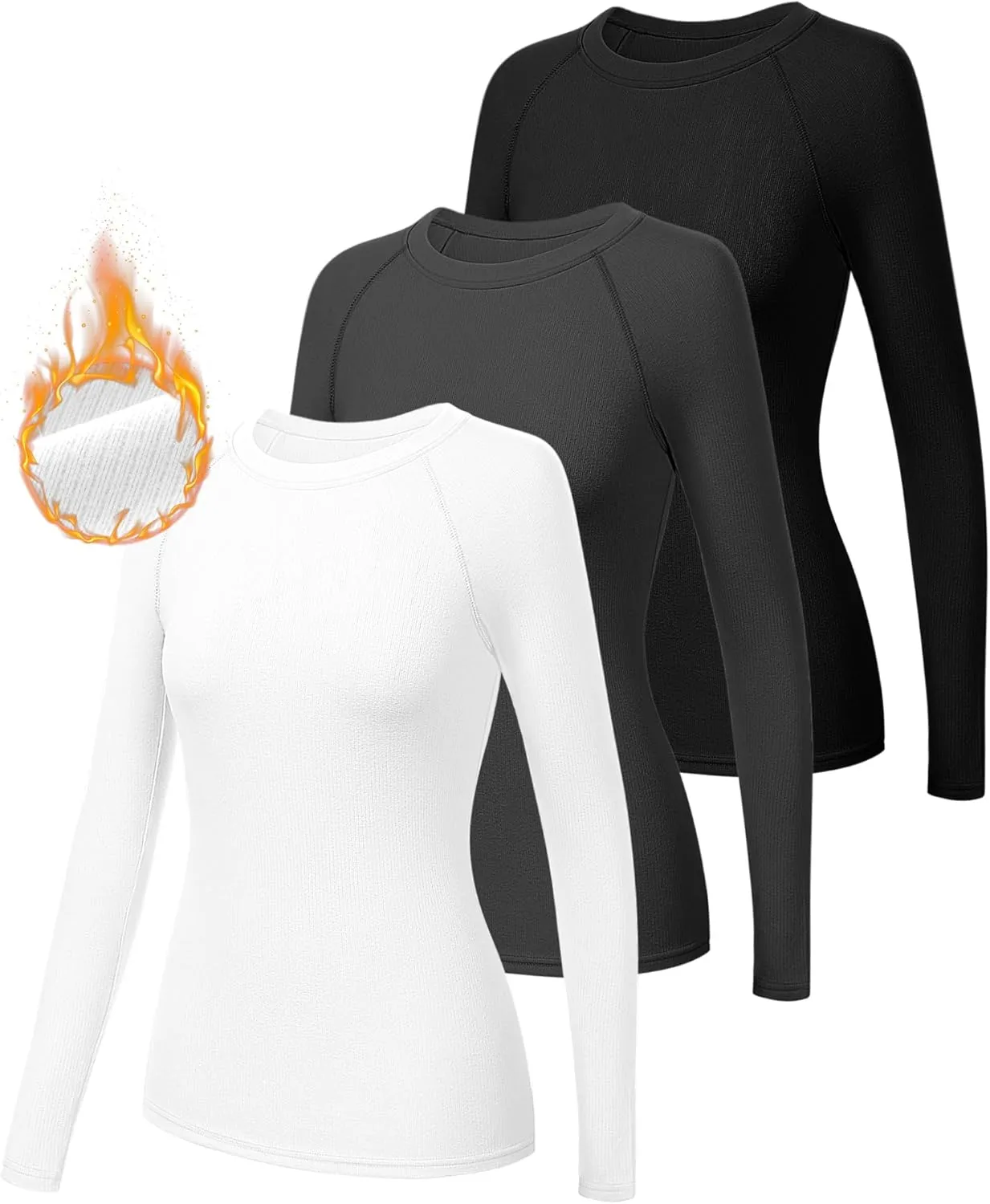 Huukeay 3 Pack Women's Ribbed Thermal Tops, Scoop Neck Raglan Sleeve Shirts Slim Fit Knit Underwear Warm Base Layer Tops