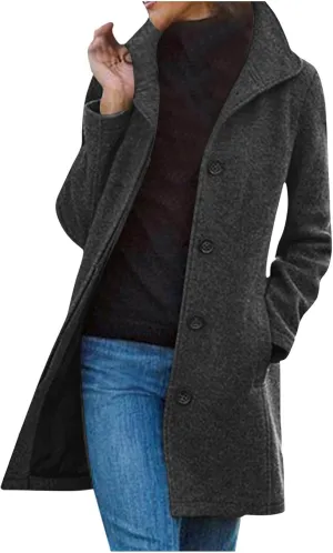 Hvyesh Womens Wool Trench Pea Coats 2024 Winter Jackets Trendy Notch Lapel Double Breasted Mid Long Warm Jacket Overcoat