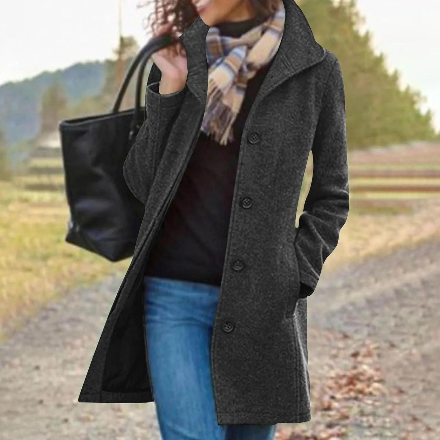Hvyesh Womens Wool Trench Pea Coats 2024 Winter Jackets Trendy Notch Lapel Double Breasted Mid Long Warm Jacket Overcoat