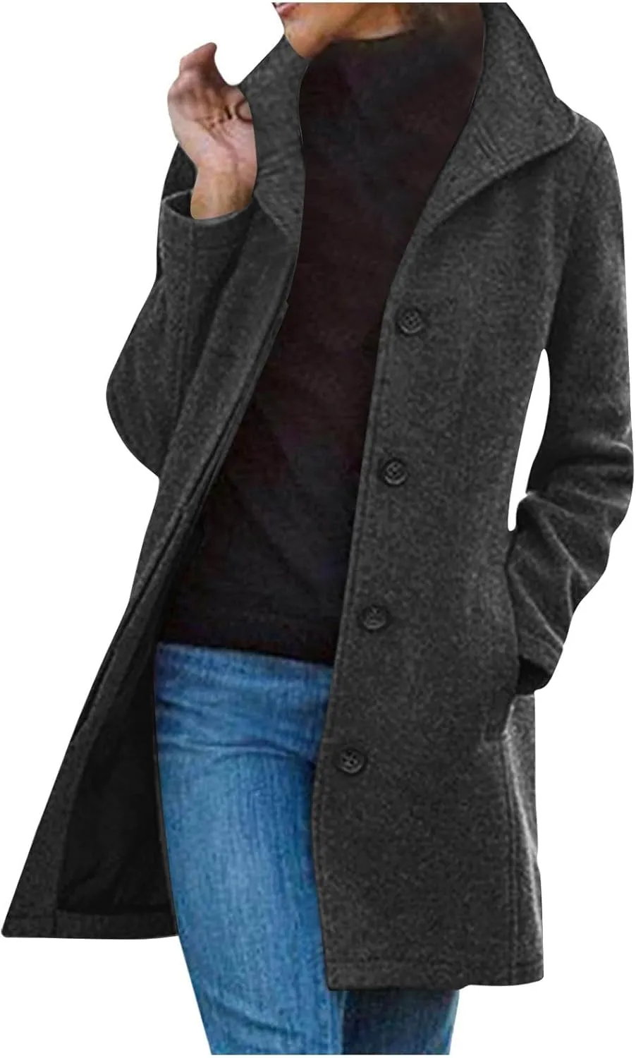 Hvyesh Womens Wool Trench Pea Coats 2024 Winter Jackets Trendy Notch Lapel Double Breasted Mid Long Warm Jacket Overcoat