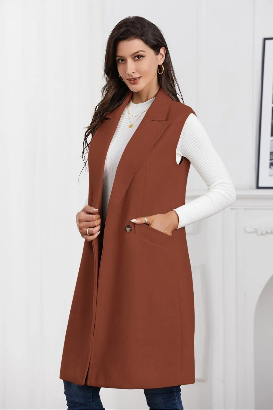 IDEALSANXUN Womens Long Vest Fall Winter Wool Sleeveless Blazer Jackets Waistcoat Coats