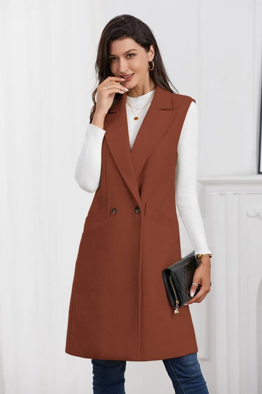 IDEALSANXUN Womens Long Vest Fall Winter Wool Sleeveless Blazer Jackets Waistcoat Coats