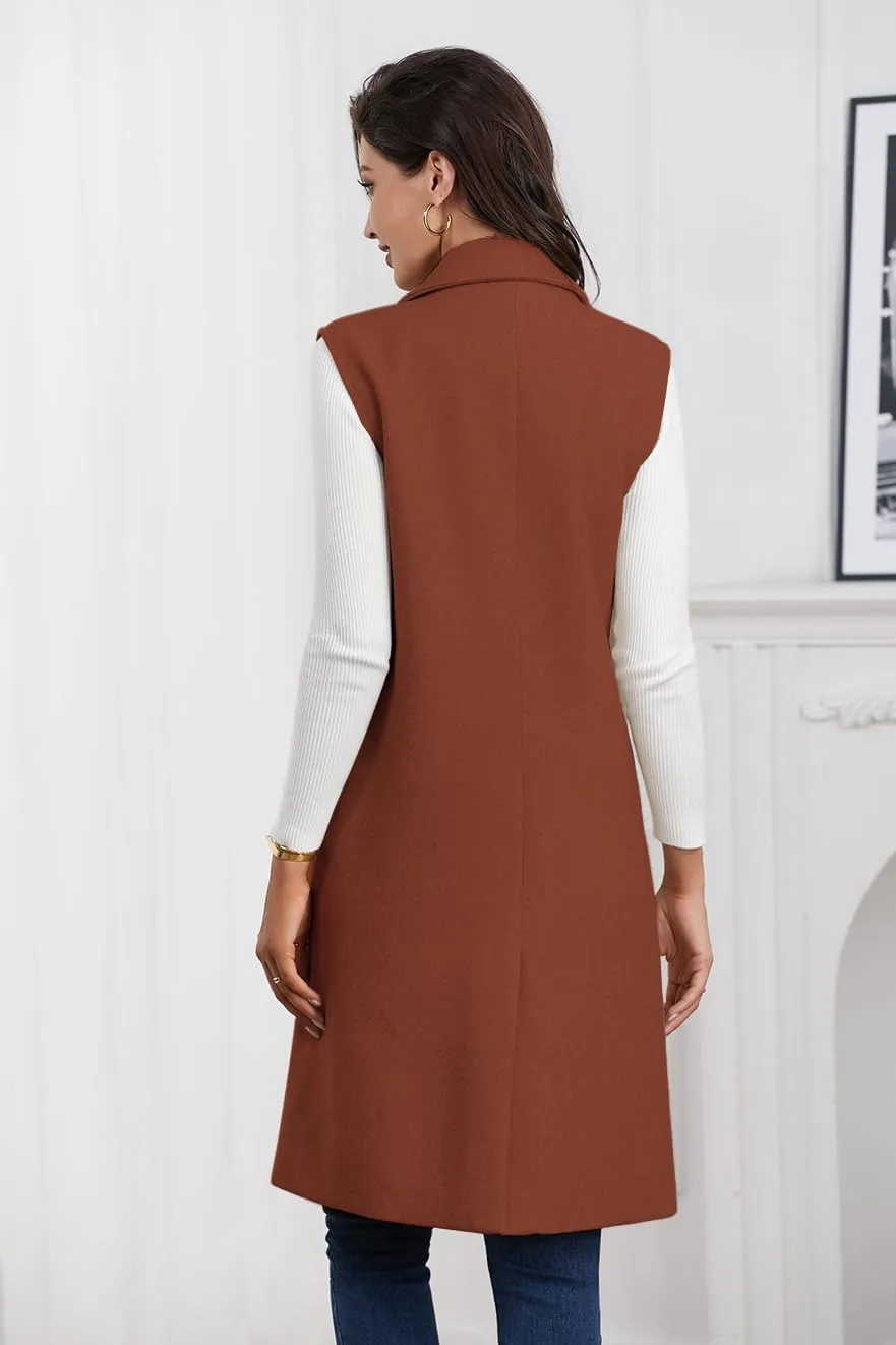 IDEALSANXUN Womens Long Vest Fall Winter Wool Sleeveless Blazer Jackets Waistcoat Coats