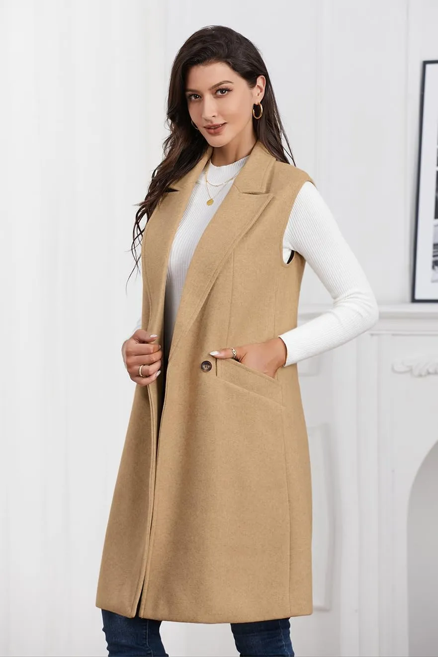 IDEALSANXUN Womens Long Vest Fall Winter Wool Sleeveless Blazer Jackets Waistcoat Coats