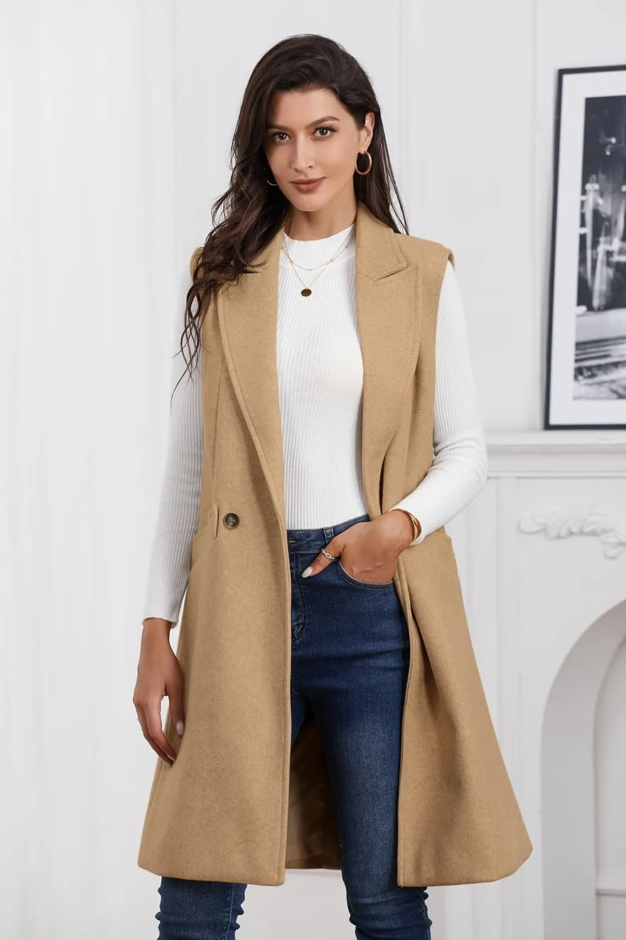 IDEALSANXUN Womens Long Vest Fall Winter Wool Sleeveless Blazer Jackets Waistcoat Coats