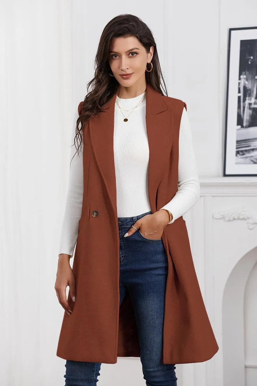 IDEALSANXUN Womens Long Vest Fall Winter Wool Sleeveless Blazer Jackets Waistcoat Coats