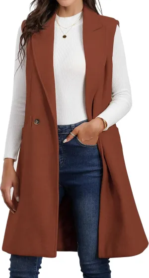 IDEALSANXUN Womens Long Vest Fall Winter Wool Sleeveless Blazer Jackets Waistcoat Coats