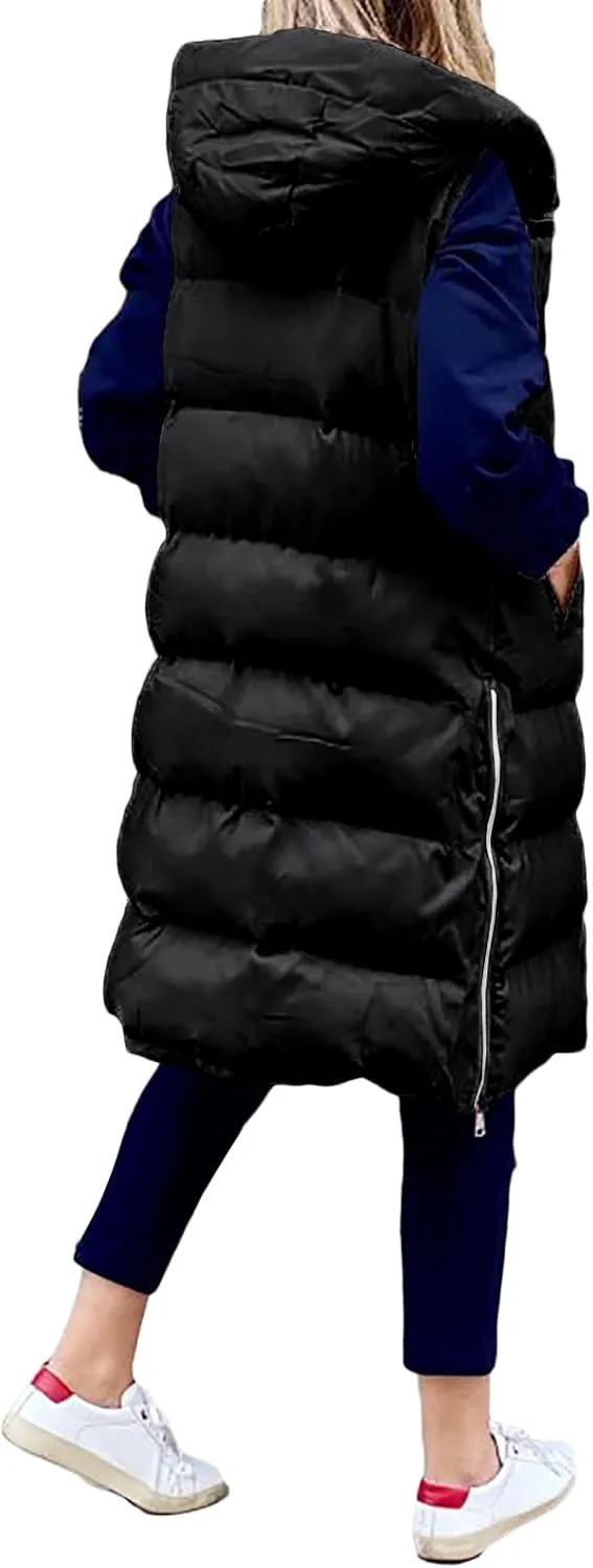 IMISSILLEB Women's Long Puffer Vest Hooded Coats Thick Sleeveless Full-Zip Jacket Fall Winter Coat Outerwear with Pockets