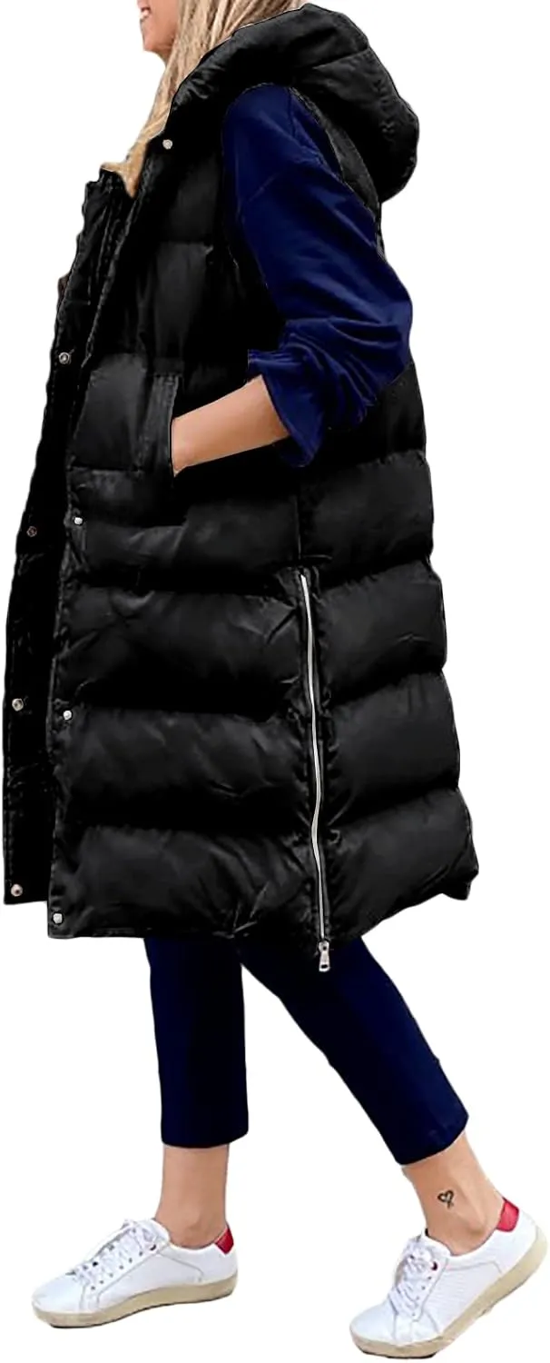 IMISSILLEB Women's Long Puffer Vest Hooded Coats Thick Sleeveless Full-Zip Jacket Fall Winter Coat Outerwear with Pockets