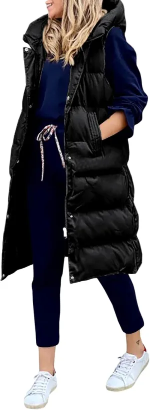 IMISSILLEB Women's Long Puffer Vest Hooded Coats Thick Sleeveless Full-Zip Jacket Fall Winter Coat Outerwear with Pockets