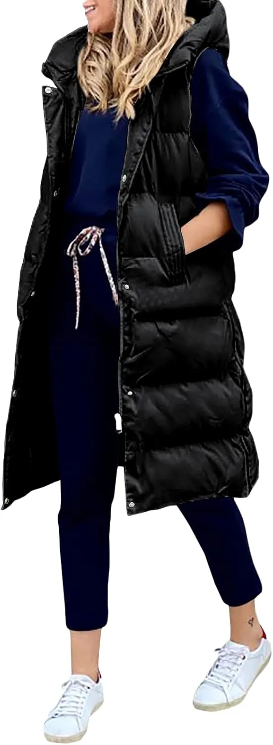 IMISSILLEB Women's Long Puffer Vest Hooded Coats Thick Sleeveless Full-Zip Jacket Fall Winter Coat Outerwear with Pockets