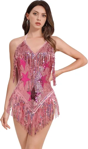 IWEMEK Sequin Sparkle Stars Fringes Bodysuit Leotard Rave Outfit for Women Music Festival Latin Dance Tassel Fringe Romper