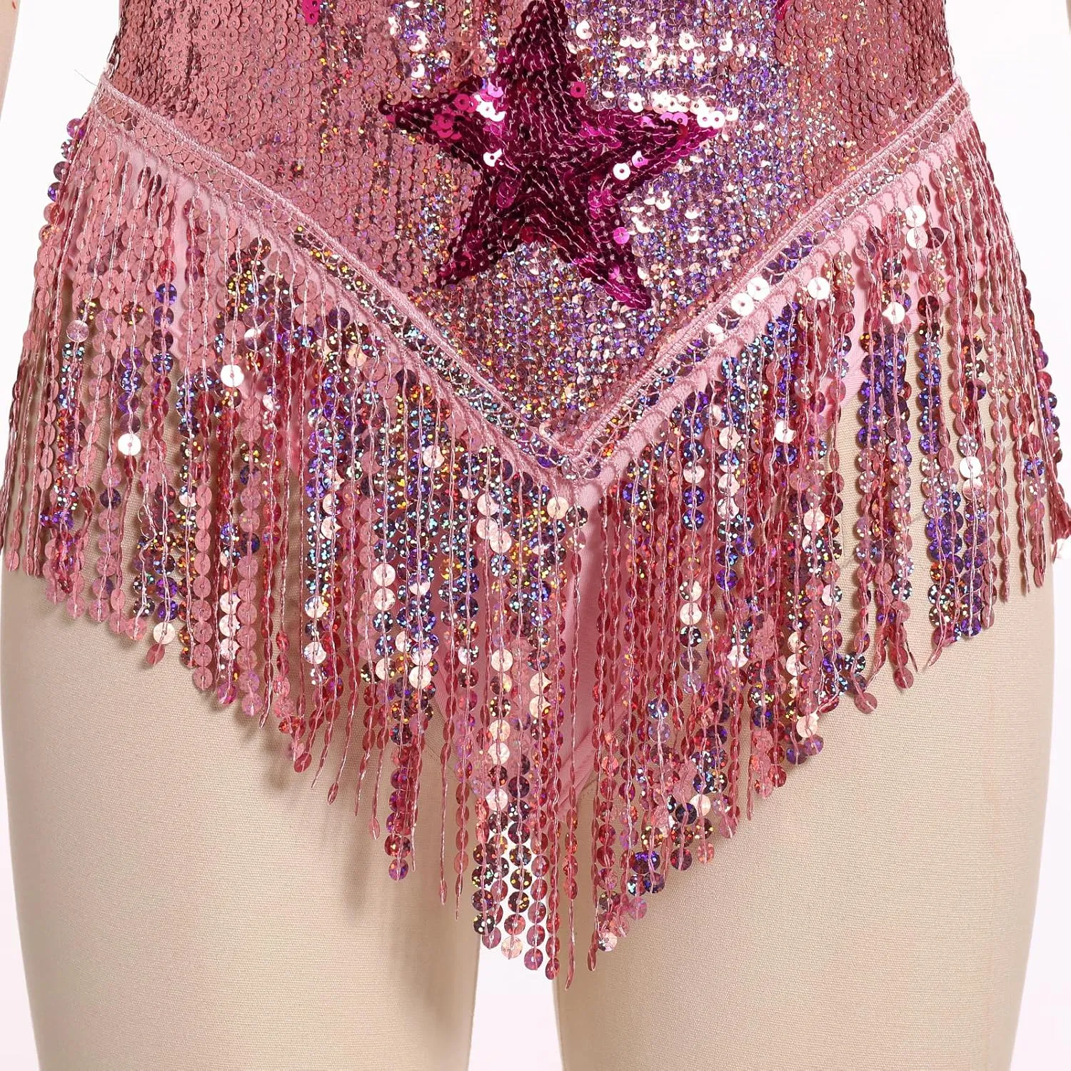IWEMEK Sequin Sparkle Stars Fringes Bodysuit Leotard Rave Outfit for Women Music Festival Latin Dance Tassel Fringe Romper