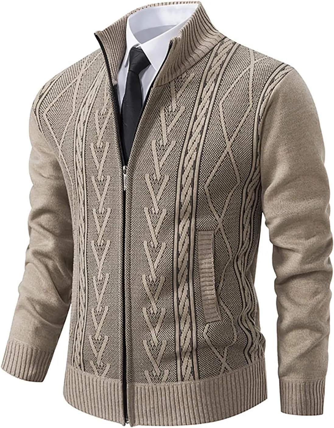 Jacket for Men's 2024 Trendy Ribbed Knit Cardigan Sweater Full Zipper Stand Collar Long Sleeves Soft Knitwear Tops
